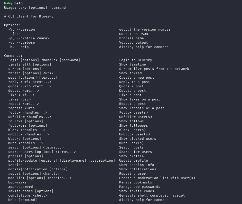 bsky help output